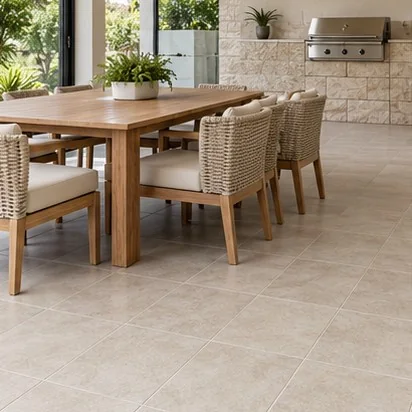 Representative covered alfresco dining area with tiled flooring