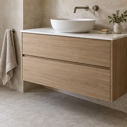 Representative wall-hung timber vanity with stone surface and above-counter basin